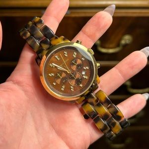 Michael Kors Acrylic Tortoise and Gold Crystal Studded Watch